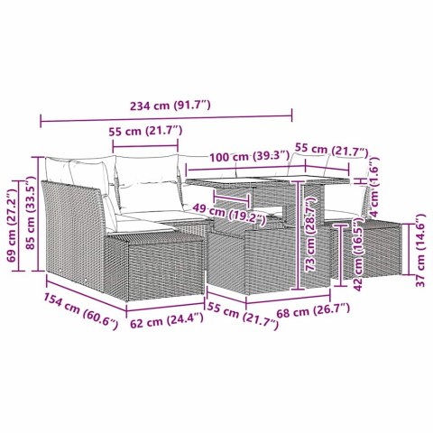 Zestaw Sof z poduszką 7 pcs Szary polirattan