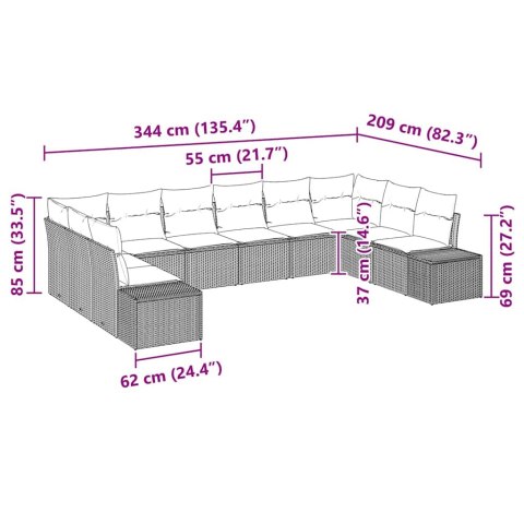 Zestaw Sof na Ogród z poduszką 10 pcs Szary Rattan poli