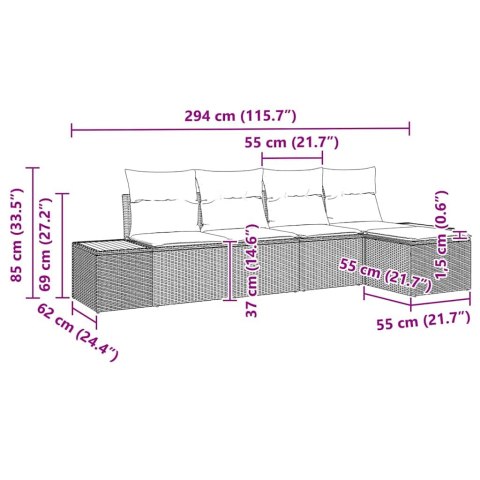 Zestaw Sof na Ogród z poduszką 5 pcs Szary Rattan poli