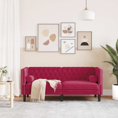 Sofa Chesterfield z wałkami, dwuosobowa, bordowa, aksamit
