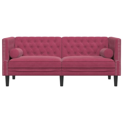 Sofa Chesterfield z wałkami, dwuosobowa, bordowa, aksamit