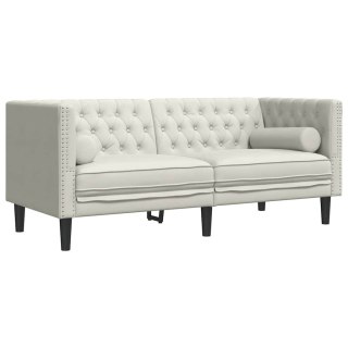 Sofa Chesterfield z wałkami, dwuosobowa, kremowa, aksamit