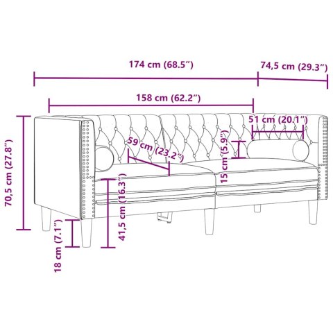 Sofa Chesterfield z wałkami, dwuosobowa, kremowa, aksamit