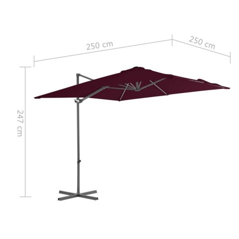 Parasol wiszący na stalowym słupku, bordowy, 250x250 cm