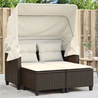 2-os. sofa ogrodowa, daszek i podnóżki, brązowa, rattan PE