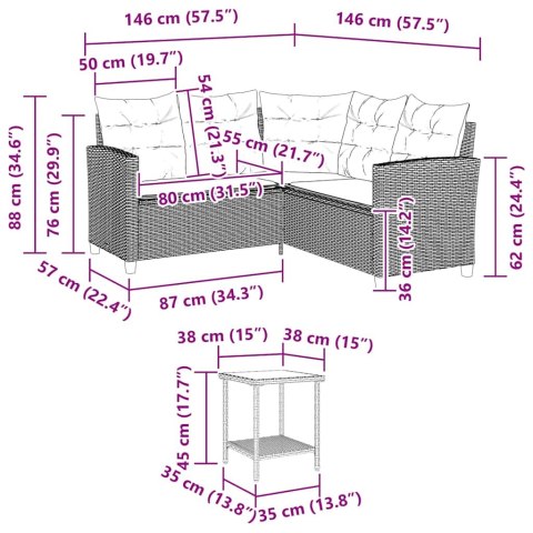 Sofa ogrodowa ze stołem i poduszkami w kształcie litery L