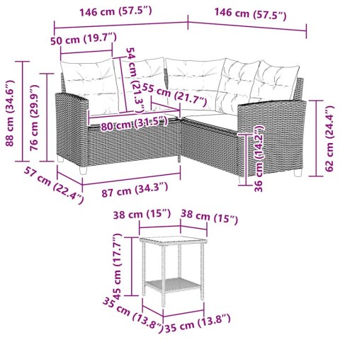 Sofa ogrodowa ze stołem i poduszkami w kształcie litery L