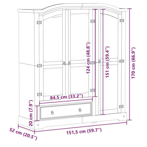 Szafa Corona, 151,5x52x170 cm, lite drewno sosnowe