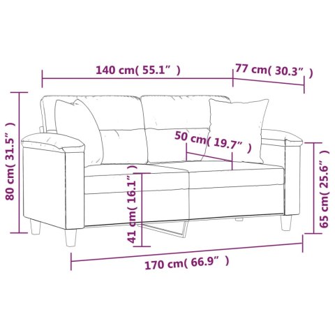 2-osobowa sofa z poduszkami, kolor taupe, 140 cm, mikrofibra