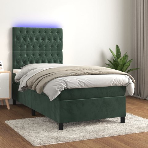 Łóżko kontynentalne z materacem i LED zielony aksamit 90x200 cm