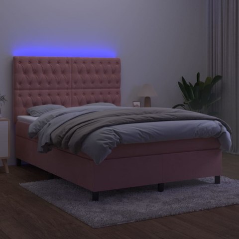 Łóżko kontynentalne z materacem i LED, różowy aksamit 140x200cm