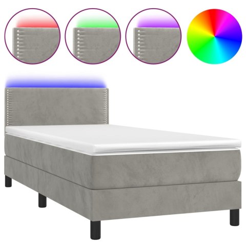 Łóżko kontynentalne z materacem i LED, szare 100x200cm, aksamit