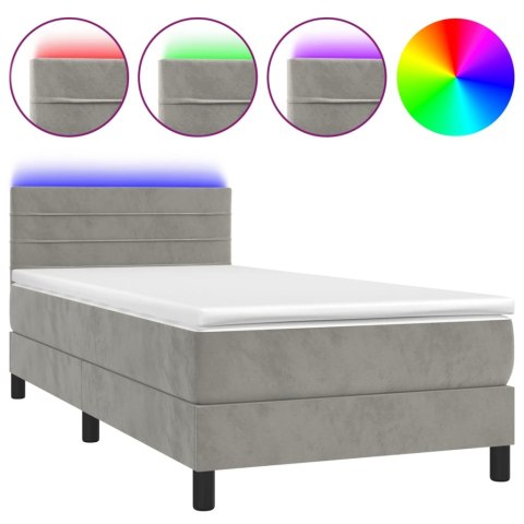 Łóżko kontynentalne z materacem i LED, szare 100x200cm, aksamit