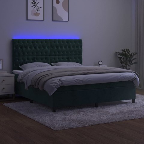 Łóżko kontynentalne z materacem i LED zielony aksamit 180x200cm