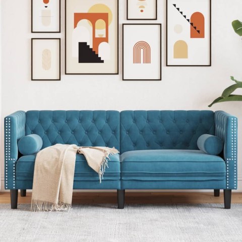 Sofa Chesterfield z wałkami, dwuosobowa, niebieska, aksamit