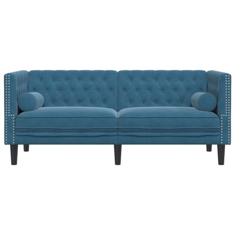 Sofa Chesterfield z wałkami, dwuosobowa, niebieska, aksamit