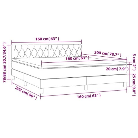 Łóżko kontynentalne, materac i LED, niebieski aksamit 160x200cm