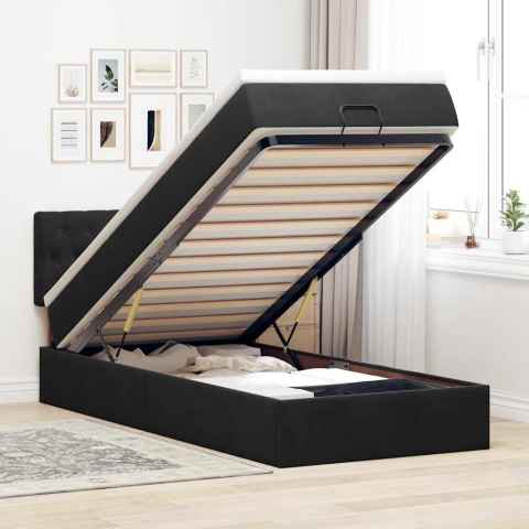 Łóżko Ottoman z materacem i LED, czarny, 80x200cm, aksamit