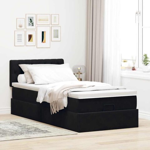 Łóżko Ottoman z materacem i LED, czarny, 80x200cm, aksamit