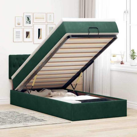 Łóżko otomana z materacem i LED, ciemnozielony 90x200cm aksamit
