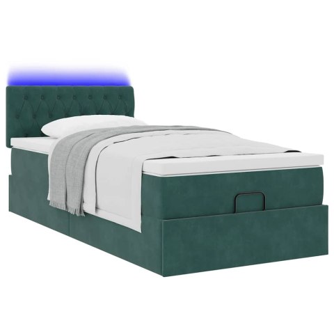 Łóżko otomana z materacem i LED, ciemnozielony 90x200cm aksamit