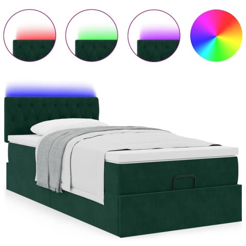 Łóżko otomana z materacem i LED, ciemnozielony 90x200cm aksamit
