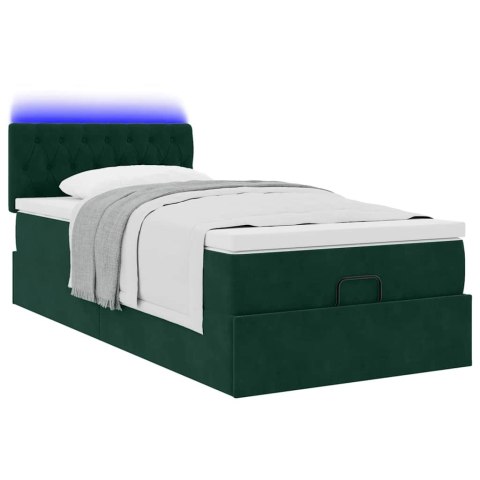 Łóżko otomana z materacem i LED, ciemnozielony 90x200cm aksamit