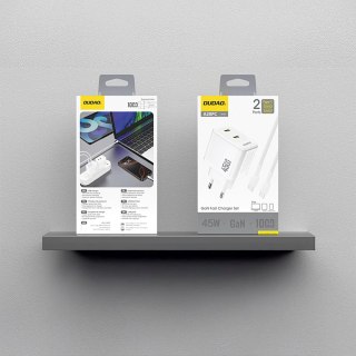 Ładowarka sieciowa 2xUSB-C z kablem USB-C GaN PD 45W - biała