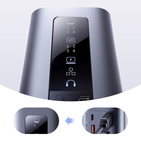 HUB Stacja dokująca 11w1 USB-C HDMI DP USB-A USB-C RJ45 PD mini jack 3.5mm ładowarka EU - szara