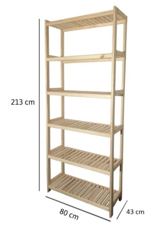 Regał drewniany 80x213x43 cm, 6 półek, sosna, nośność 25 kg