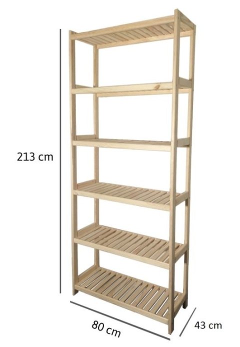 Regał drewniany 80x213x43 cm, 6 półek, sosna, nośność 25 kg