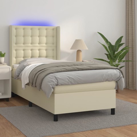 Łóżko kontynentalne z LED, materac, kremowe, ekoskóra 100x200cm