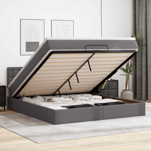 Łóżko otomana z materacami i LED, szara, 180x200cm, ekoskóra