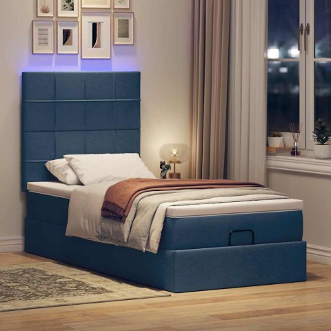 Otomana Łóżko z Materacem i LED Niebieski 100x200 cm Tkanina