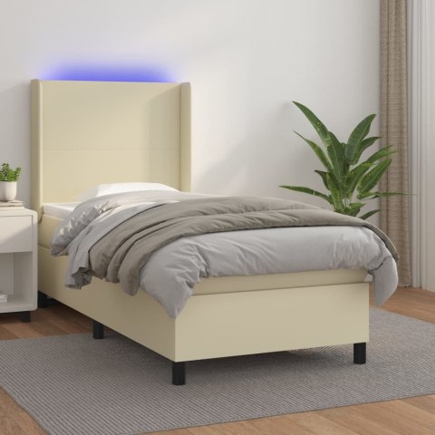 Łóżko kontynentalne z LED, materac, kremowe, ekoskóra 90x200 cm