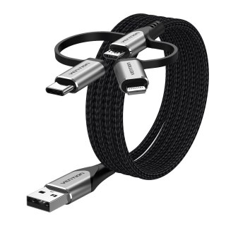 Kabel Vention USB-A 3w1 Micro-B USB-C Lightning 1m szary