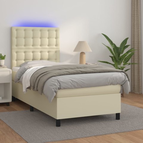 Łóżko kontynentalne z LED, materac, kremowe, ekoskóra 90x200 cm