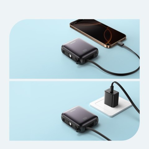 Powerbank 10000mAh 22.5W z wbudowanymi kablami USB-C Lightning - czarny
