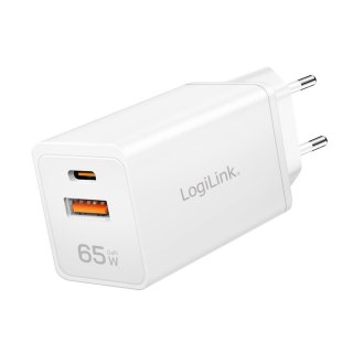 Ładowarka sieciowa LogiLink PA0371 USB GaN, 65 W, 1x USB-C (PD), 1x USB-A (QC), biała