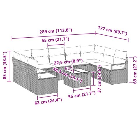 Zestaw Sof z poduszką 10 pcs Czarny polirattan