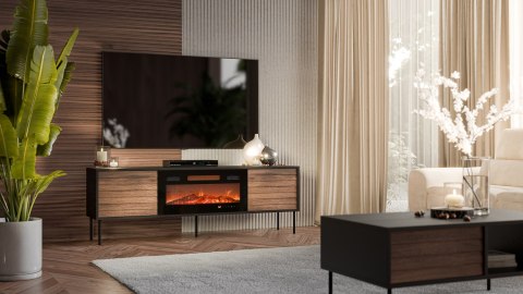 Szafka RTV CORTINA 180x40x60 czarny/orzech + kominek czarny