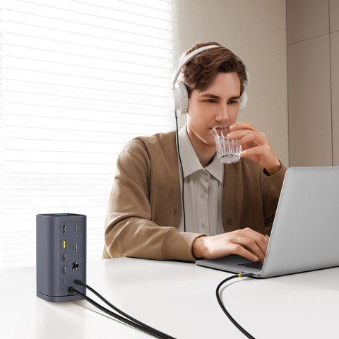Stacja dokująca HUB 11w1 USB-C USB-A HDMI RJ45 Minijack 3.5mm - szara