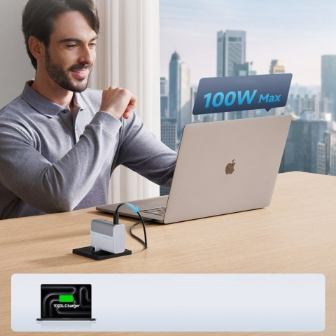 Ładowarka sieciowa USB-C USB-A z kablem GaN 100W - biała