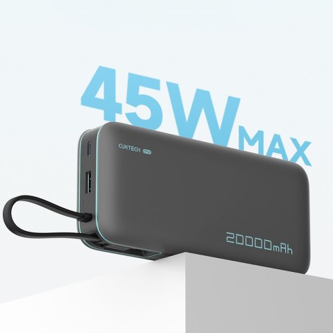 Powerbank 20000mAh USB-A USB-C z wbudowanym kablem USB-C 55W - szary