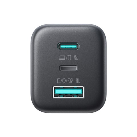 Ładowarka sieciowa USB-C iPhone Lightning USB-A GaN 45W - czarna