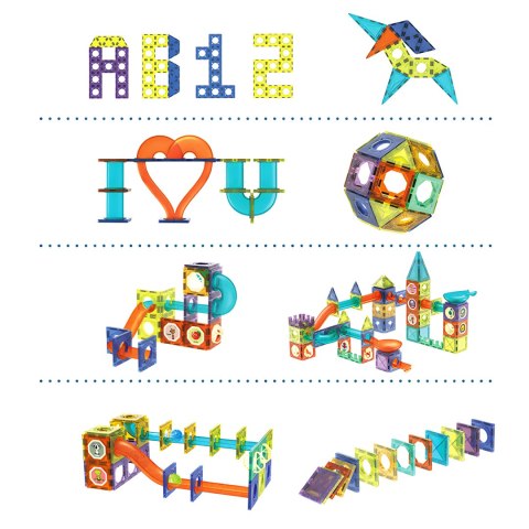 Klocki magnetyczne tor kulkowy LED klocki konstrukcyjne kulodrom 105 elementów