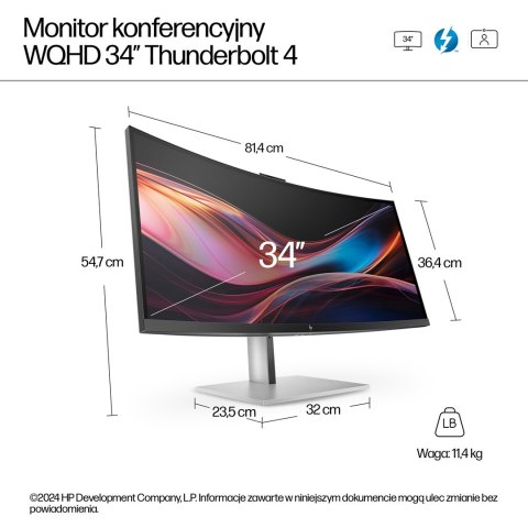 Monitor HP LED 34" S7 Pro 734pm (8K157UT) Curved IPS 120Hz WQHD Kamera RJ-45 ThunderBolt 4