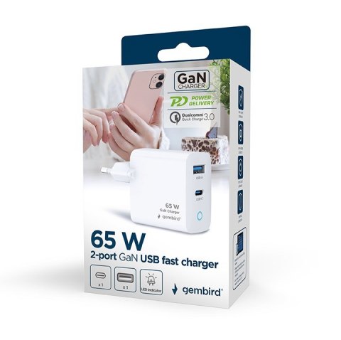 GEMBIRD 2-PORTOWA SZYBKA ŁADOWARKA SIECIOWA GAN (PD) USB (A+C), 65W, BIAŁA