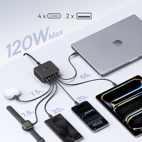 Stacja ładująca 4x USB-C 2x USB-A 120W - czarna