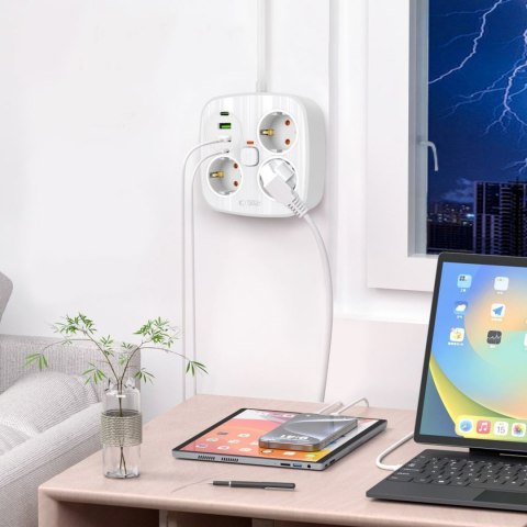 Listwa zasilająca 3 gniazda sieciowe 2x USB-A 2x USB-C 200 cm - biała